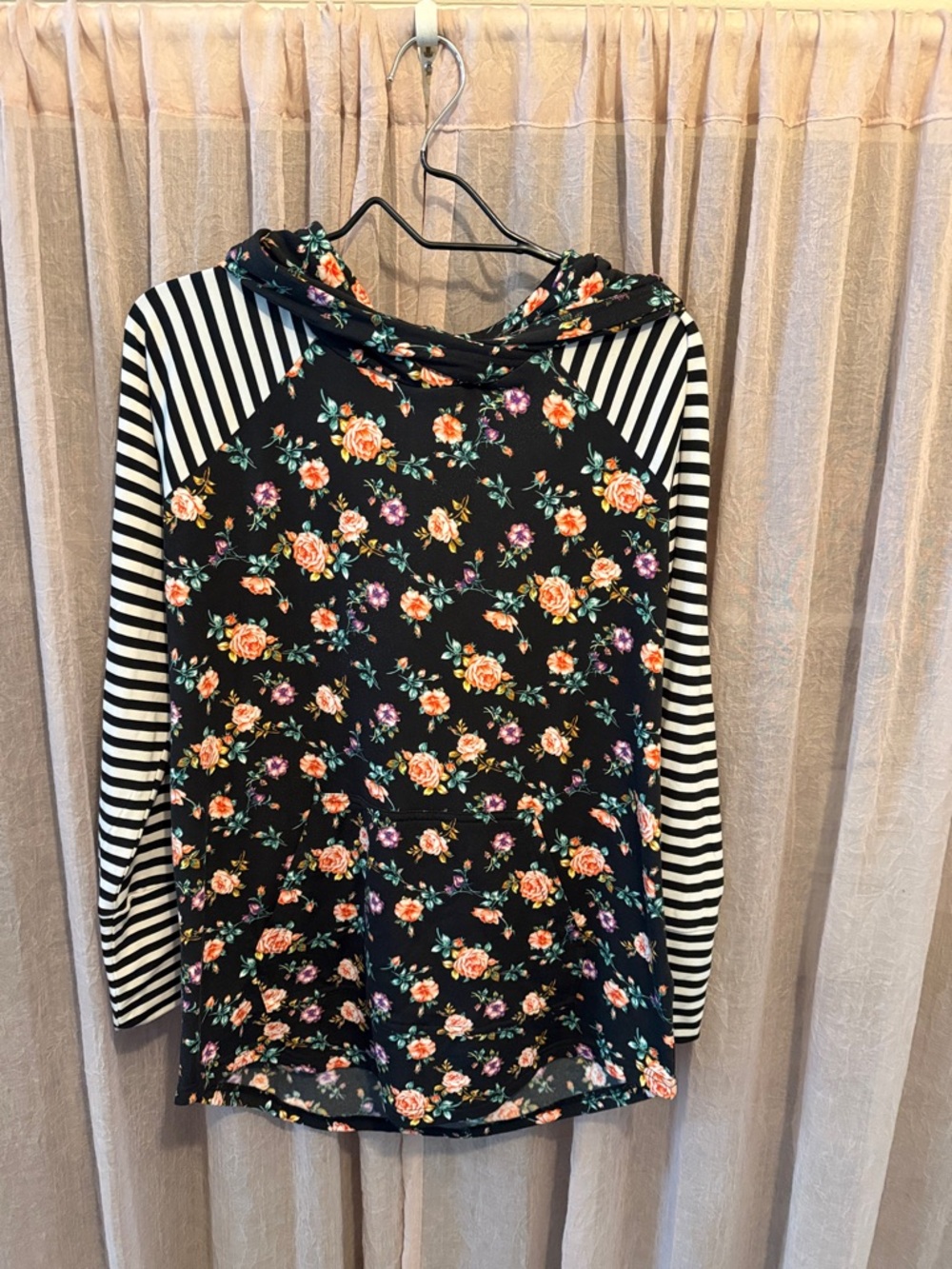 LuLaRoe Black Floral & White Stripe Hoodie